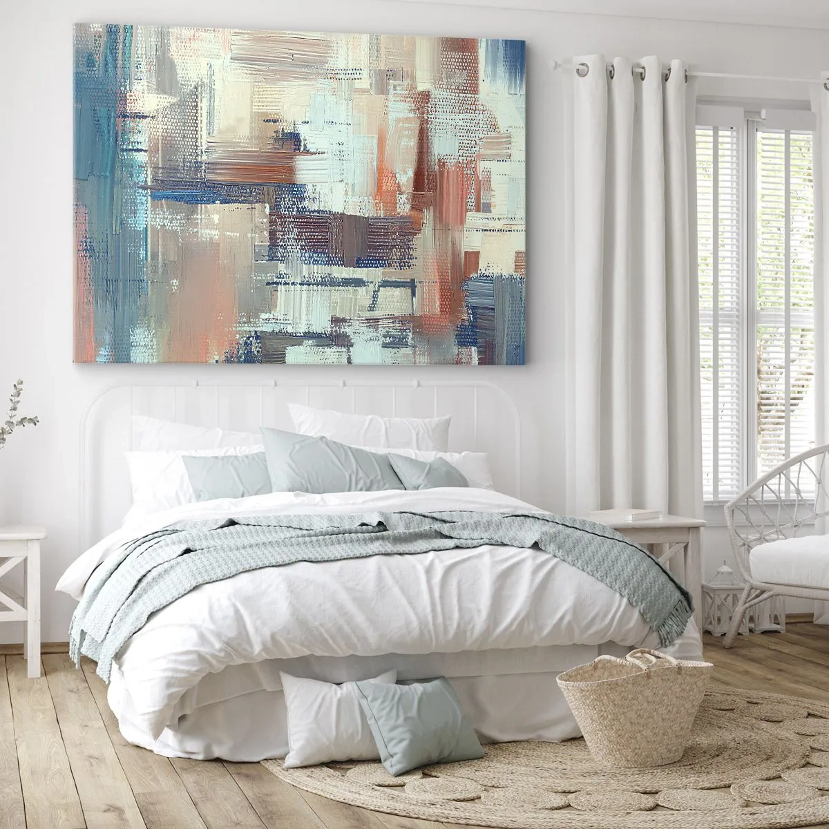 Tablou pe pânză Canvas - Compoziție abstractă în nuanțe de albastru și bej - 70x50cm - Întinde-te spre lumină - Decorațiune modernă pentru perete pentru living și dormitor ARTTOR