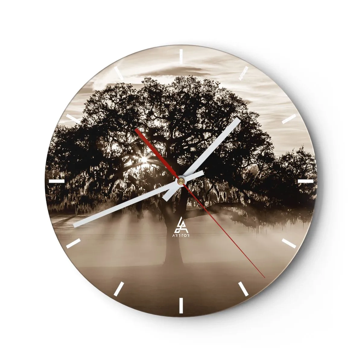 Ceas de perete - Ceas pe sticlă - Copac într-o scenă cețoasă în zori, în sepia - 30x30cm - Un copac de vești bune - Decorațiune modernă pentru perete pentru living, bucătărie și dormitor ARTTOR