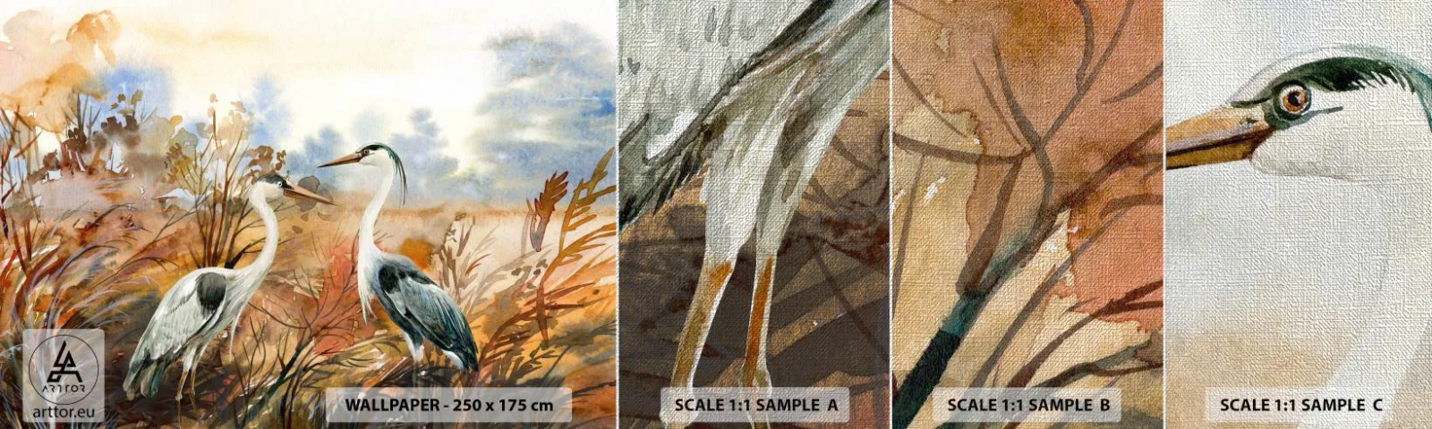 Mostră tapet Premium Canvas - Încotro în toamnă? - Macara, Păsări, Natură - 100x30 cm