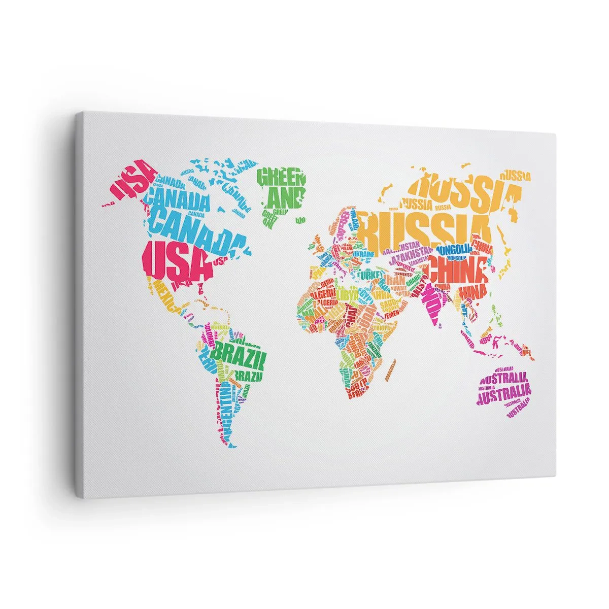 Tablou pe pânză Canvas - Hartă colorată a lumii cu nume de țări - 70x50cm - Vreau să le cunosc pe toate - Decorațiune modernă pentru perete pentru living și dormitor ARTTOR