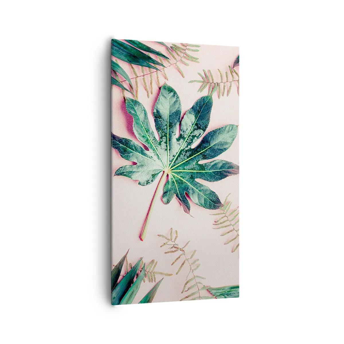 Tablou pe pânză - Studiu de verdeață pe un fundal roz - 65x120 cm