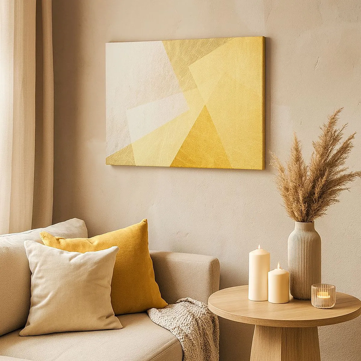Tablou pe pânză Canvas - Forme geometrice în auriu și nuanțe deschise - 70x50cm - Vremea de geometrie - Decorațiune modernă pentru perete pentru living și dormitor ARTTOR