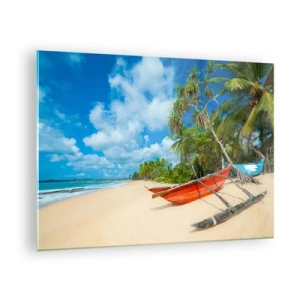 Tablou pe sticlă - Plajă tropicală cu palmieri și bărci tradiționale - 70x50cm - Farmecul tropicelor - Decorațiune modernă pentru perete pentru living și dormitor ARTTOR