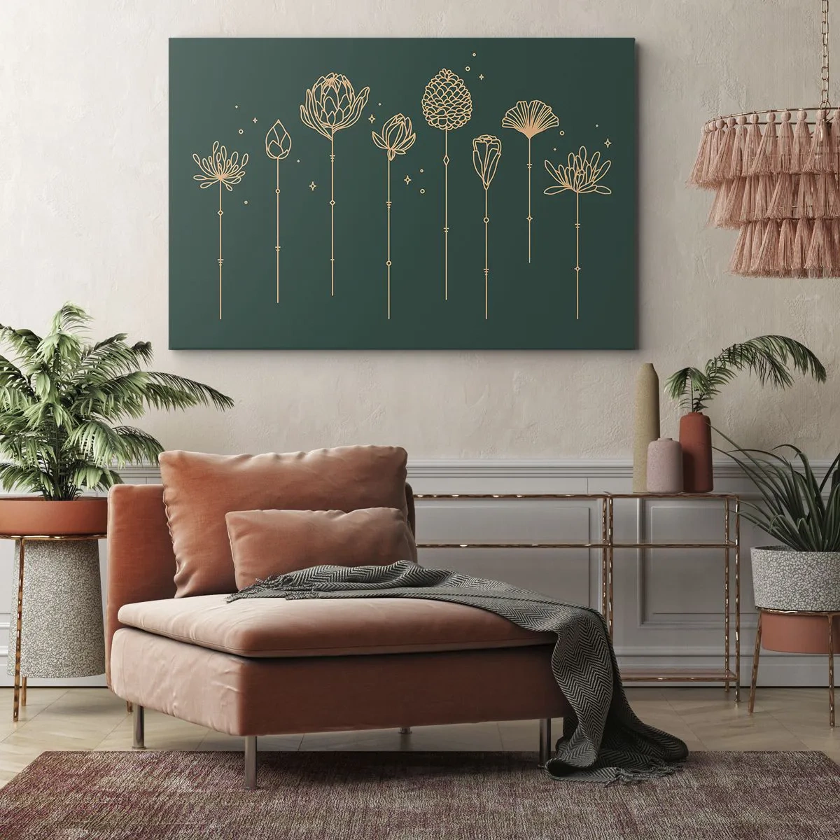 Tablou pe pânză Canvas - Desene aurii cu ierburi pe un fundal verde închis - 70x50cm - Familia IERBEscu - Decorațiune modernă pentru perete pentru living și dormitor ARTTOR