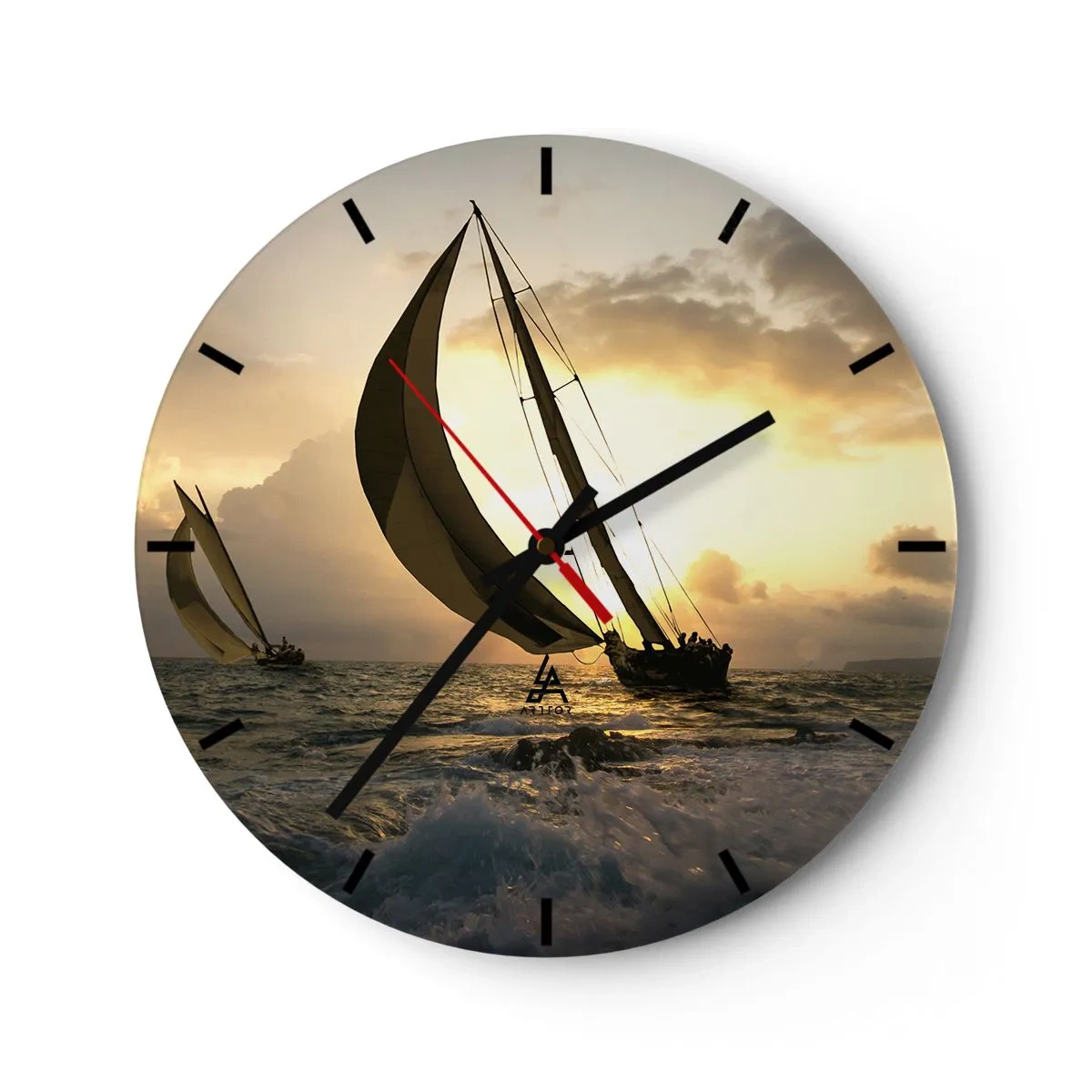 Ceas de perete - Ceas pe sticlă - Bărci cu pânze pe marea deschisă la apus - 30x30cm - Vânt în jos și în sus - Decorațiune modernă pentru perete pentru living, bucătărie și dormitor ARTTOR