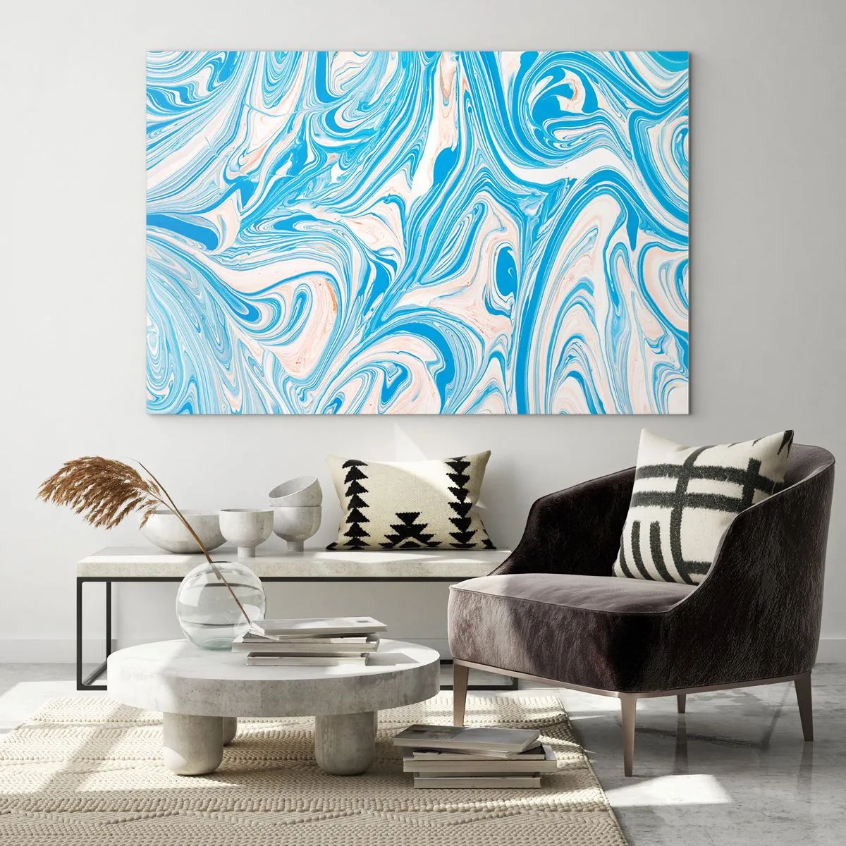 Tablou pe sticlă - Model abstract în nuanțe de turcoaz și bej - 70x50cm - Splash în turcoaz - Decorațiune modernă pentru perete pentru living și dormitor ARTTOR