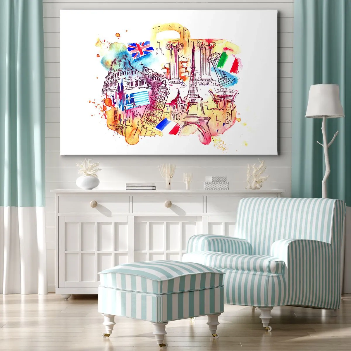 Tablou pe pânză Canvas - Acuarelă cu simboluri europene și steaguri de țară - 70x50cm - Turneu european - Decorațiune modernă pentru perete pentru living și dormitor ARTTOR