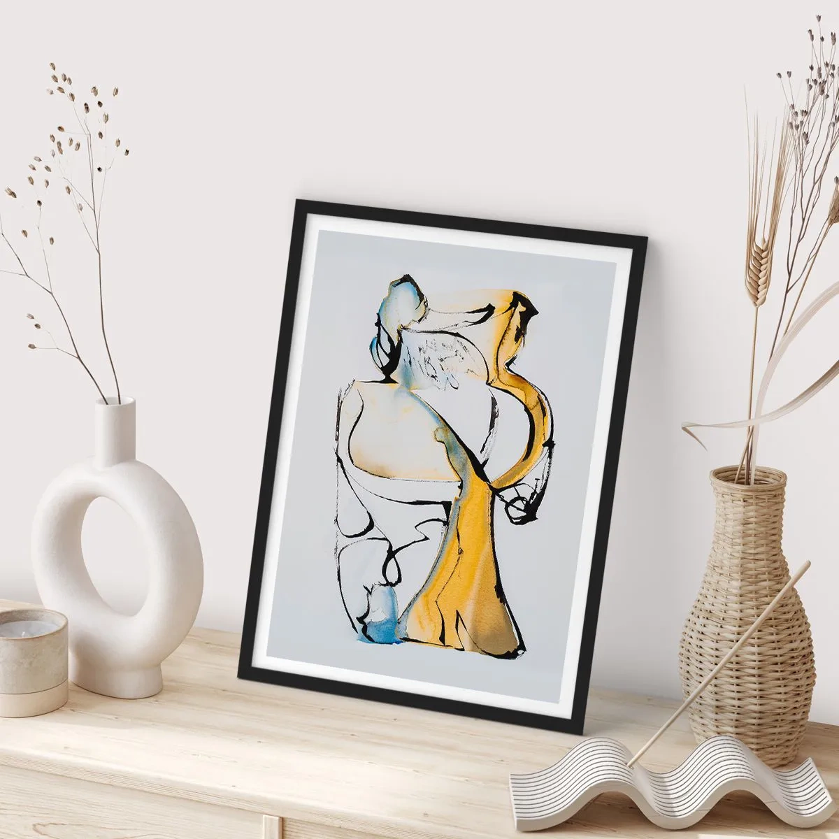 Poster în ramă neagră - O figură abstractă în negru, galben și albastru, care exprimă mișcare și emoție. - 50x70cm - Abstracție de sticlă - Decorațiune modernă pentru perete pentru living și dormitor ARTTOR