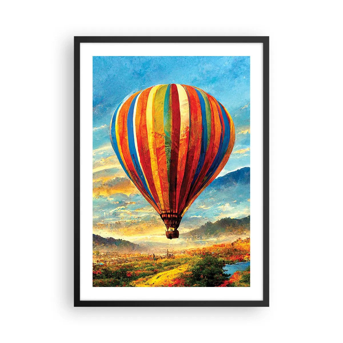 Poster în ramă neagră - Un balon colorat deasupra unui peisaj pitoresc - 50x70cm - În liniște puteți vedea mai multe - Decorațiune modernă pentru perete pentru living și dormitor ARTTOR
