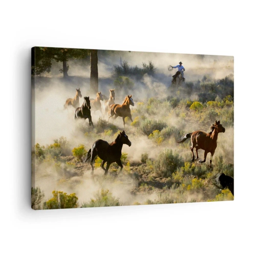 Tablou pe pânză Canvas - O turmă de cai sălbatici galopând prin praf și vegetație - 70x50cm - Rivalitatea - libertate sau putere masculină? - Decorațiune modernă pentru perete pentru living și dormitor ARTTOR