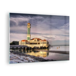 Tablou pe sticlă - Moschee pe apă într-o lumină pitorească - 70x50cm - Un templu al naturii - Decorațiune modernă pentru perete pentru living și dormitor ARTTOR