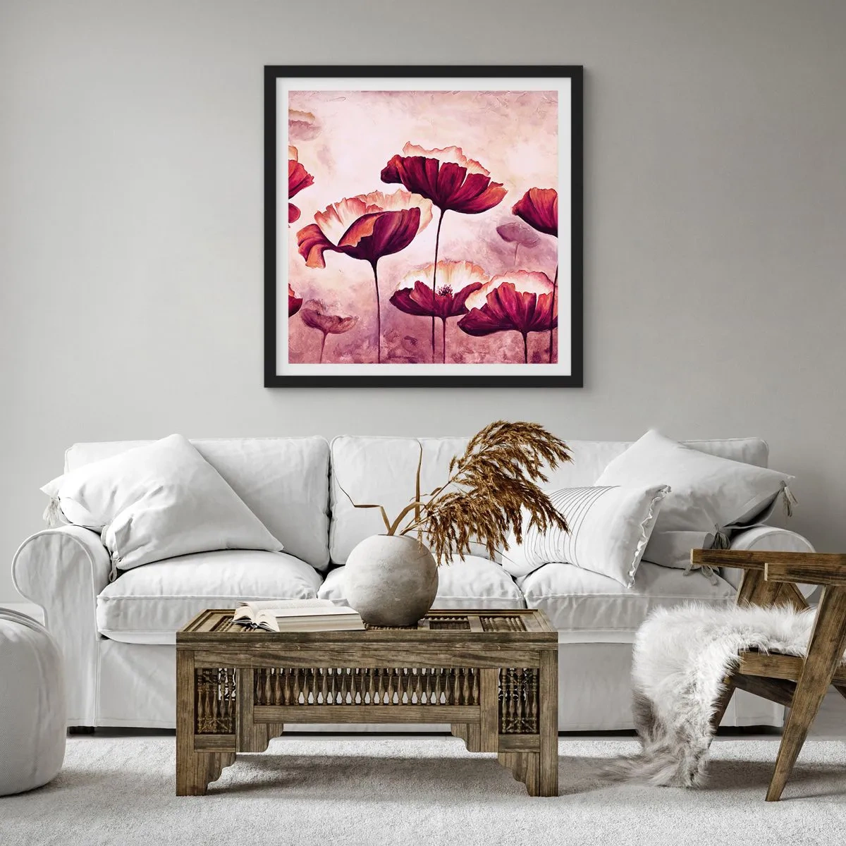 Poster în ramă neagră - Fulgi roșii și albi - 30x30 cm