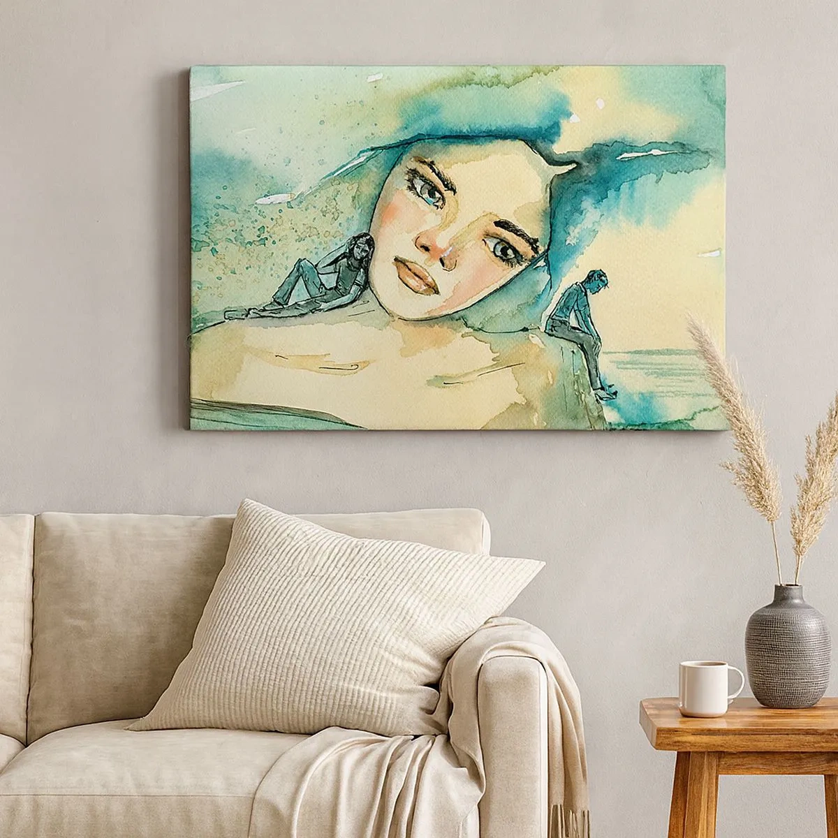 Tablou pe pânză Canvas - Acuarelă a feței unei femei cu motiv reflectorizant - 70x50cm - Am I blue? - Decorațiune modernă pentru perete pentru living și dormitor ARTTOR