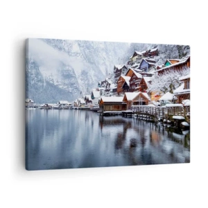 Tablou pe pânză Canvas - Vedere de iarnă a unui sat de munte lângă lac - 70x50cm - În decor de iarnă - Decorațiune modernă pentru perete pentru living și dormitor ARTTOR
