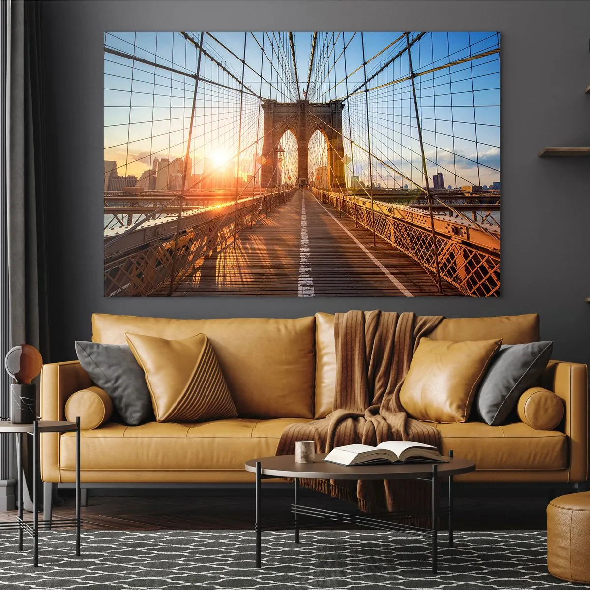 Tablou pe sticlă - Apus de soare pe podul Brooklyn din New York - 70x50cm - Pe podul de aur - Decorațiune modernă pentru perete pentru living și dormitor ARTTOR