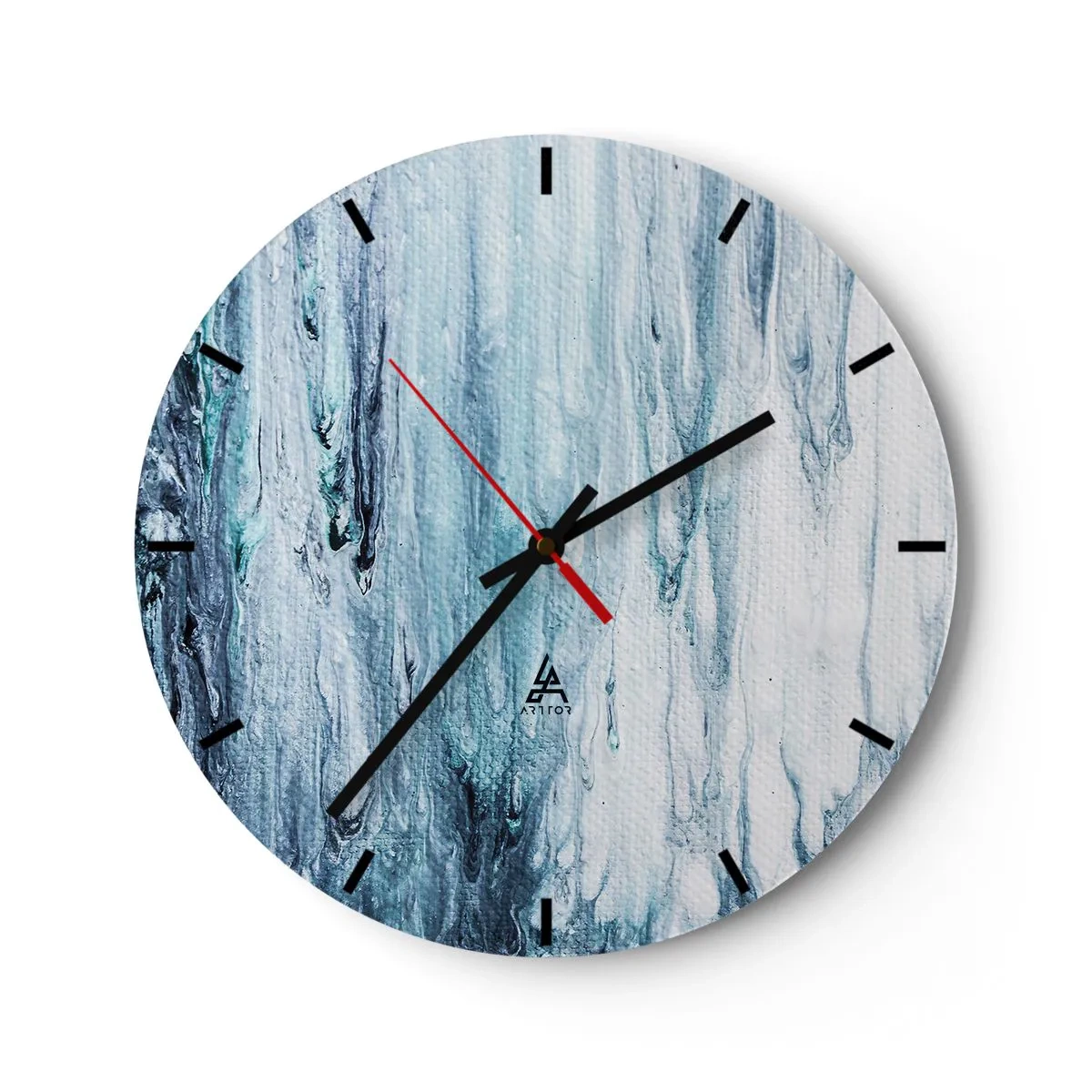 Ceas de perete - Ceas pe sticlă - Cascadă abstractă în nuanțe de albastru - 30x30cm - Țurțuri de albastru - Decorațiune modernă pentru perete pentru living, bucătărie și dormitor ARTTOR