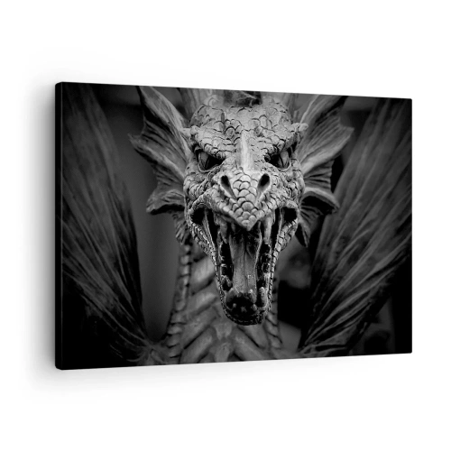 Tablou pe pânză Canvas - Un cap de dragon amenințător în alb și negru, cu detalii expresive. - 70x50cm - Dragon de basm în gri - Decorațiune modernă pentru perete pentru living și dormitor ARTTOR