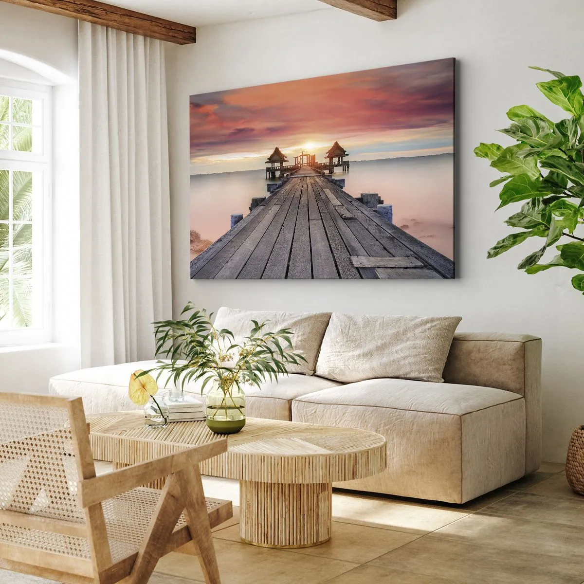 Tablou pe pânză Canvas - Dig de lemn care duce la foișoare la apus - 70x50cm - Vestul la est - Decorațiune modernă pentru perete pentru living și dormitor ARTTOR