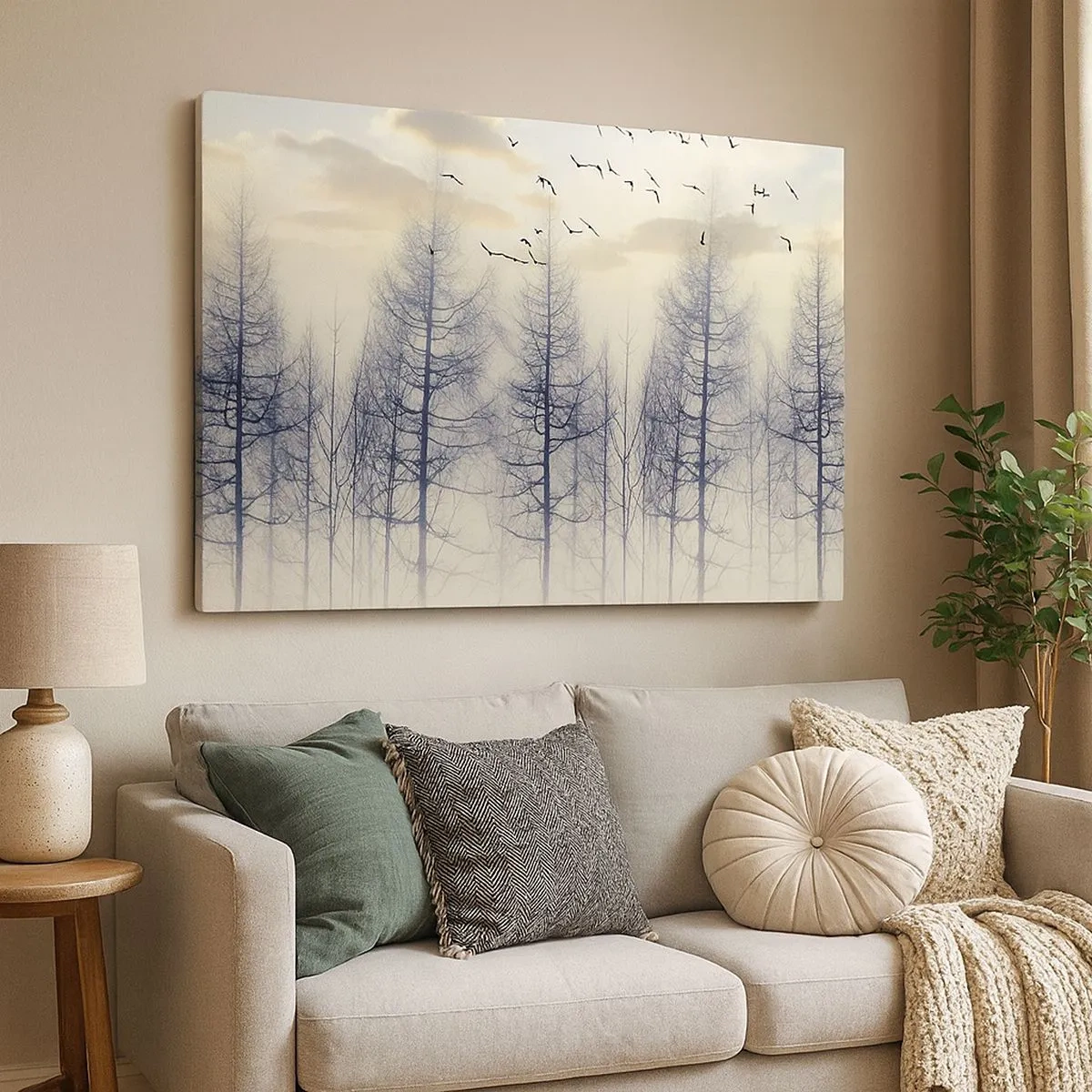 Tablou pe pânză Canvas - Pădure încețoșată cu păsări pe fundalul cerului apusului - 70x50cm - Spiritele pădurii - Decorațiune modernă pentru perete pentru living și dormitor ARTTOR