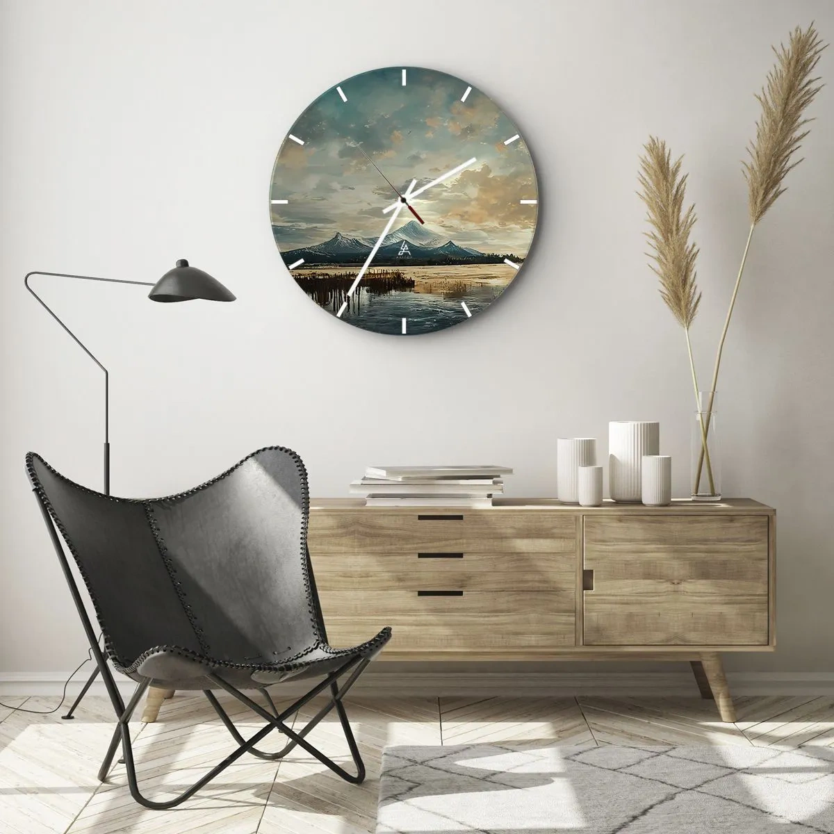 Ceas de perete - Ceas pe sticlă - Vârfuri de munți acoperite de zăpadă reflectate pe suprafața lacului - 30x30cm - Sub protecția cerului - Decorațiune modernă pentru perete pentru living, bucătărie și dormitor ARTTOR