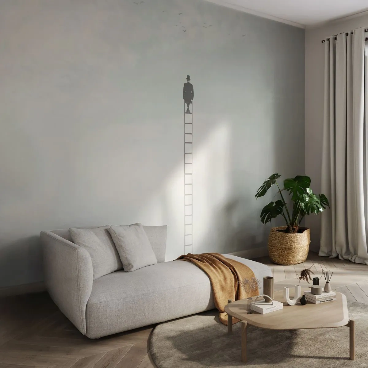 Tapet Standard Eco - O figură în vârful unei scări într-un peisaj suprarealist - 100x70cm - Fii deasupra - Decorațiune modernă pentru perete pentru living și dormitor ARTTOR
