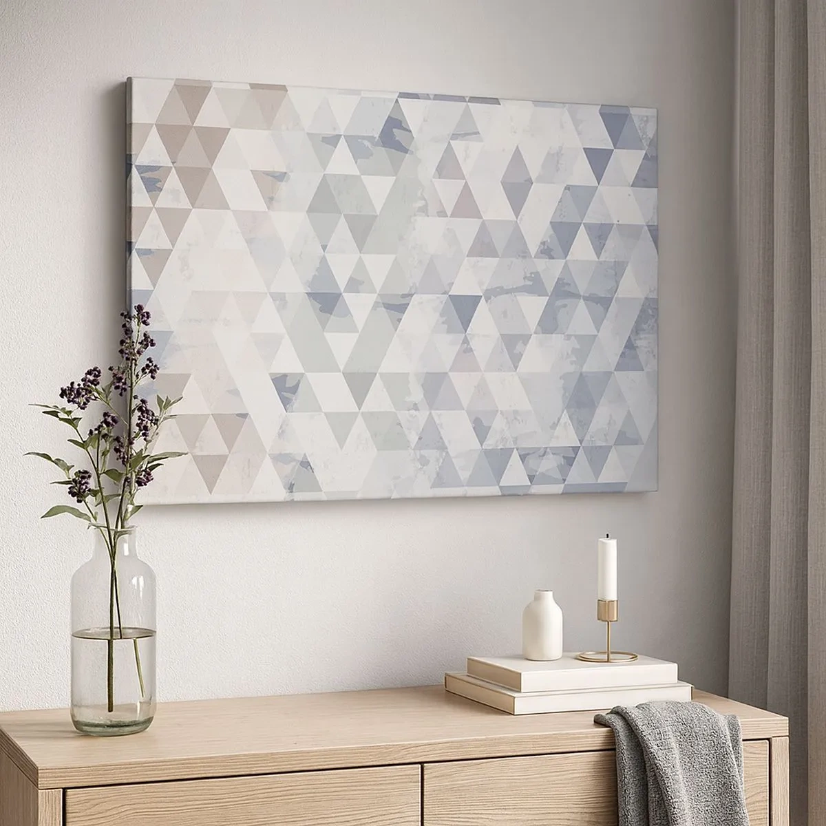 Tablou pe pânză Canvas - Model geometric triunghiular în nuanțe pastelate - 70x50cm - În ritm de trei - Decorațiune modernă pentru perete pentru living și dormitor ARTTOR