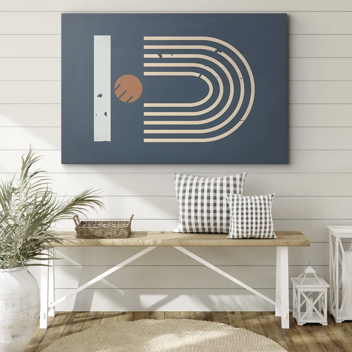 Tablou pe pânză Canvas - Model geometric în nuanțe de bleumarin, bej și portocaliu pe un fundal închis - 70x50cm - Geometrie în funcție de rodie - Decorațiune modernă pentru perete pentru living și dormitor ARTTOR