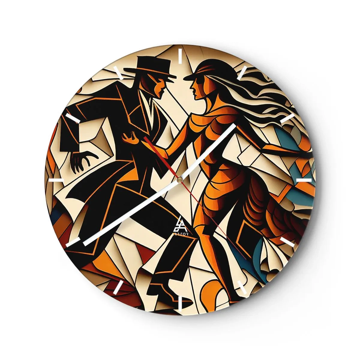 Ceas de perete - Ceas pe sticlă - Un cuplu dansând în stil Art Deco cu tonuri calde - 30x30cm - Dans cu pasiune - Decorațiune modernă pentru perete pentru living, bucătărie și dormitor ARTTOR