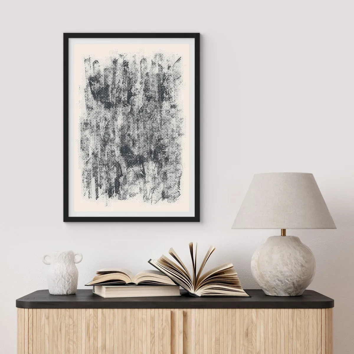 Poster în ramă neagră - Motiv grafic retro de pădure - 50x70cm - Compoziție cețoasă - Decorațiune modernă pentru perete pentru living și dormitor ARTTOR