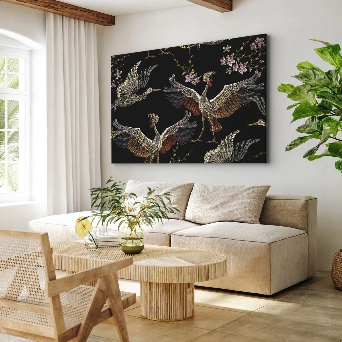 Tablou pe pânză Canvas - Macarale și flori elegante pe fundal negru - 70x50cm - Pasăre de basm - Decorațiune modernă pentru perete pentru living și dormitor ARTTOR