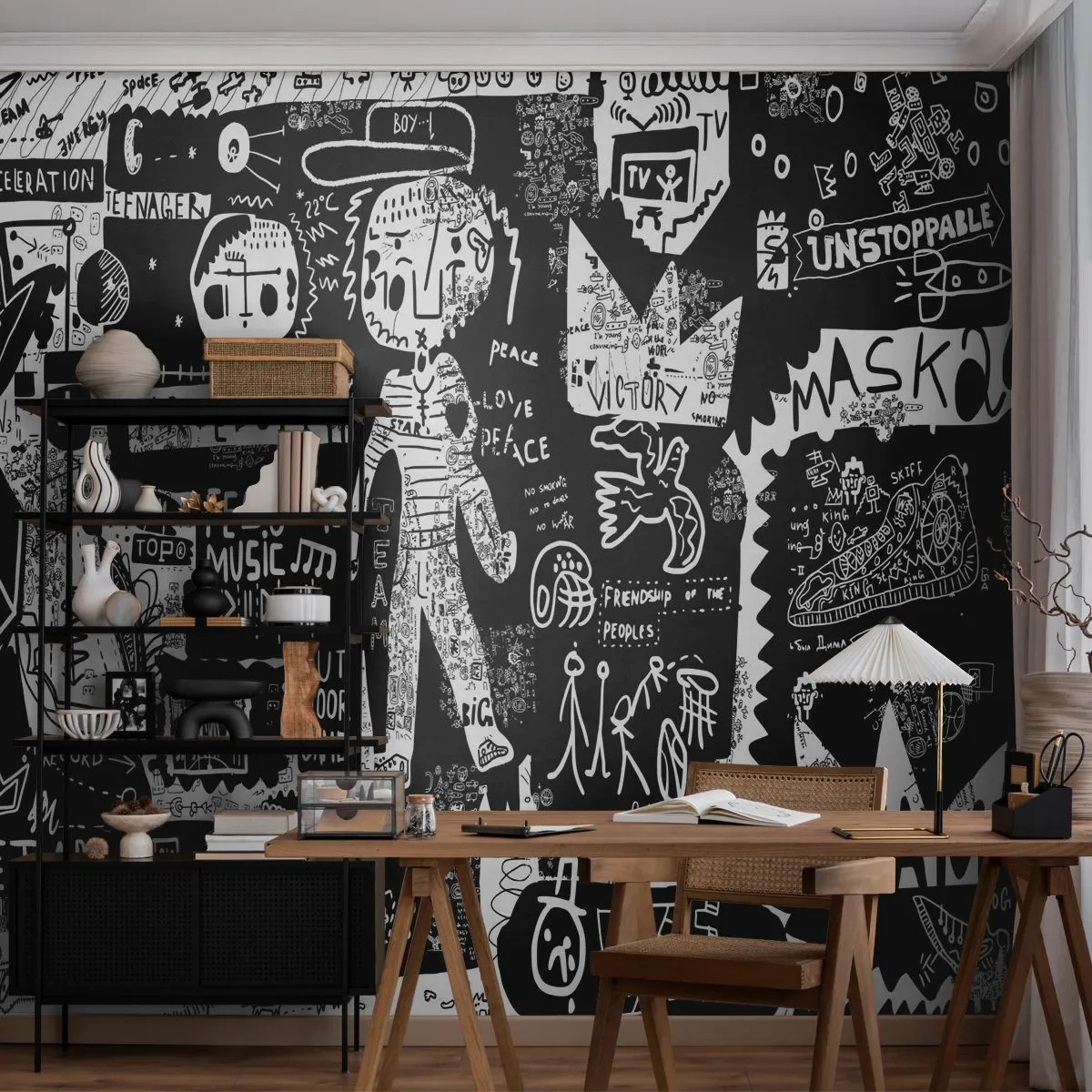Tapet Standard Eco - Compoziție de graffiti de artă stradală alb-negru - 100x70cm - Tinerețea duhovnicească a legii și a bucuriei - Decorațiune modernă pentru perete pentru living și dormitor ARTTOR