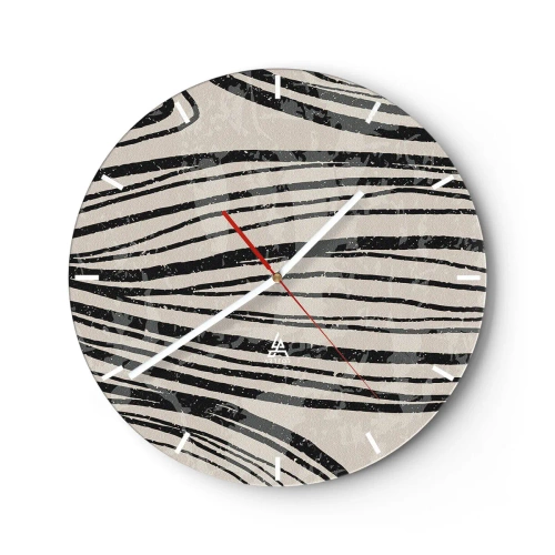 Ceas de perete - Ceas pe sticlă - Linii negre pe un fundal bej într-un aranjament ritmic - 30x30cm - Deversare de linii - Decorațiune modernă pentru perete pentru living, bucătărie și dormitor ARTTOR