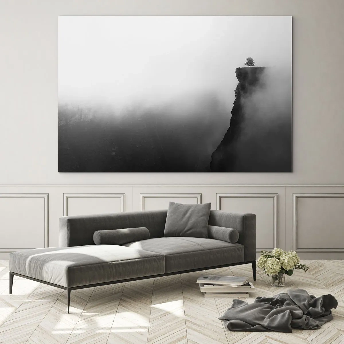 Tablou pe sticlă - Un copac singuratic pe marginea unei stânci în ceață densă - 70x50cm - La capătul lumii - Decorațiune modernă pentru perete pentru living și dormitor ARTTOR