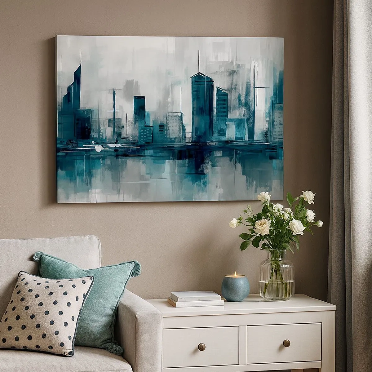 Tablou pe pânză Canvas - Un oraș modern în nuanțe de turcoaz și gri - 70x50cm - Un oraș de culoarea ploii - Decorațiune modernă pentru perete pentru living și dormitor ARTTOR