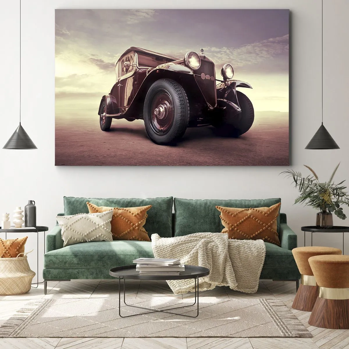 Tablou pe pânză Canvas - O mașină de epocă în stil clasic pe fundalul cerului - 70x50cm - Să ne întoarcem la vremurile de odinioară... - Decorațiune modernă pentru perete pentru living și dormitor ARTTOR