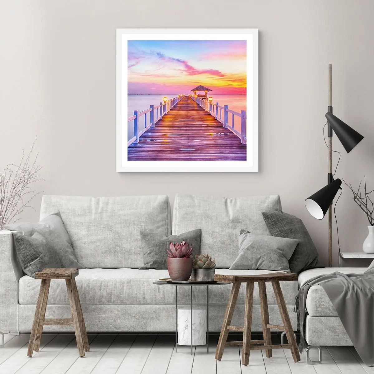 Poster în ramă albă - Tăcerea serii în liliac-auriu - 30x30 cm