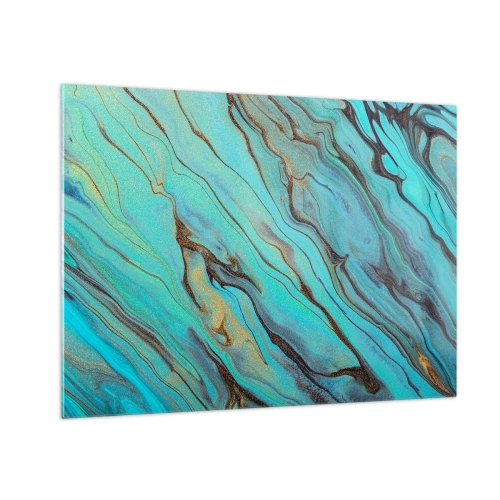 Tablou pe sticlă - Dungi abstracte în turcoaz și auriu - 70x50cm - Mareea turcoaz - Decorațiune modernă pentru perete pentru living și dormitor ARTTOR