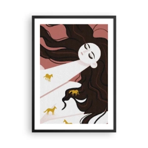 Poster în ramă neagră - O femeie visătoare cu păr lung și cai aurii - 50x70cm - Visul despre calul de aur - Decorațiune modernă pentru perete pentru living și dormitor ARTTOR