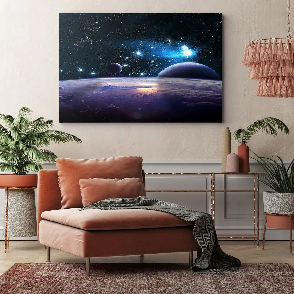 Tablou pe pânză Canvas - O vedere a spațiului cosmic cu planete și stele - 70x50cm - Tot singuri? - Decorațiune modernă pentru perete pentru living și dormitor ARTTOR