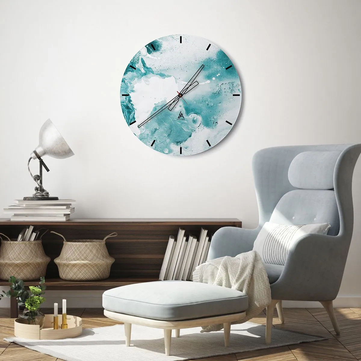 Ceas de perete - Ceas pe sticlă - Compoziție abstractă în nuanțe de turcoaz și alb - 30x30cm - Câmpii inundabile de albastru - Decorațiune modernă pentru perete pentru living, bucătărie și dormitor ARTTOR