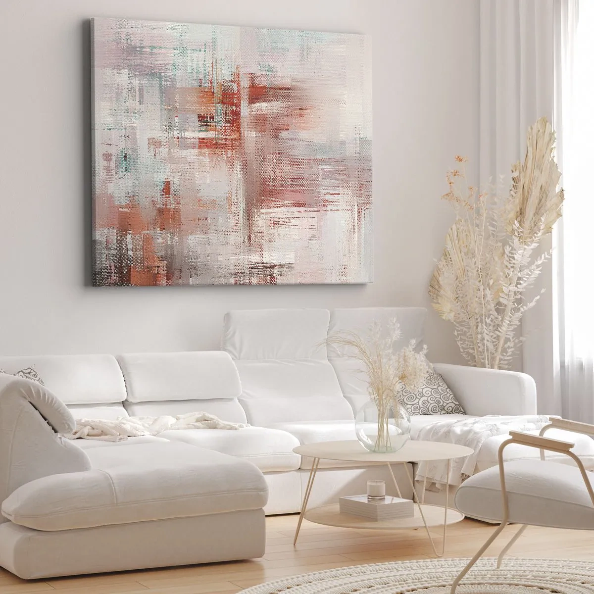 Tablou pe pânză Canvas - O compoziție abstractă cu nuanțe de roșu și culori pastelate. - 70x50cm - În ceață. Dar roz - Decorațiune modernă pentru perete pentru living și dormitor ARTTOR