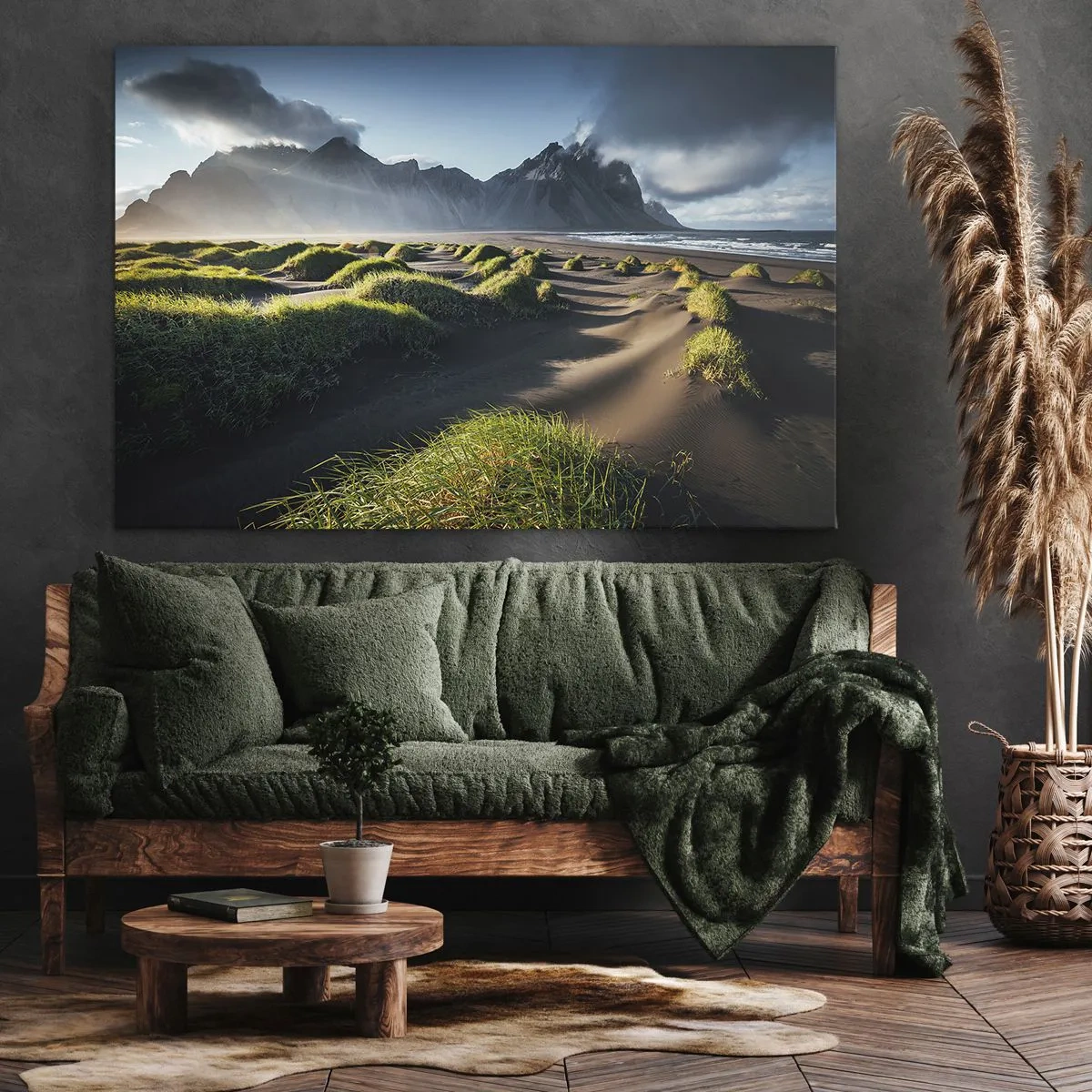 Tablou pe pânză Canvas - Dune verzi cu fundal muntos sub un cer albastru - 70x50cm - Armonia elementelor - Decorațiune modernă pentru perete pentru living și dormitor ARTTOR