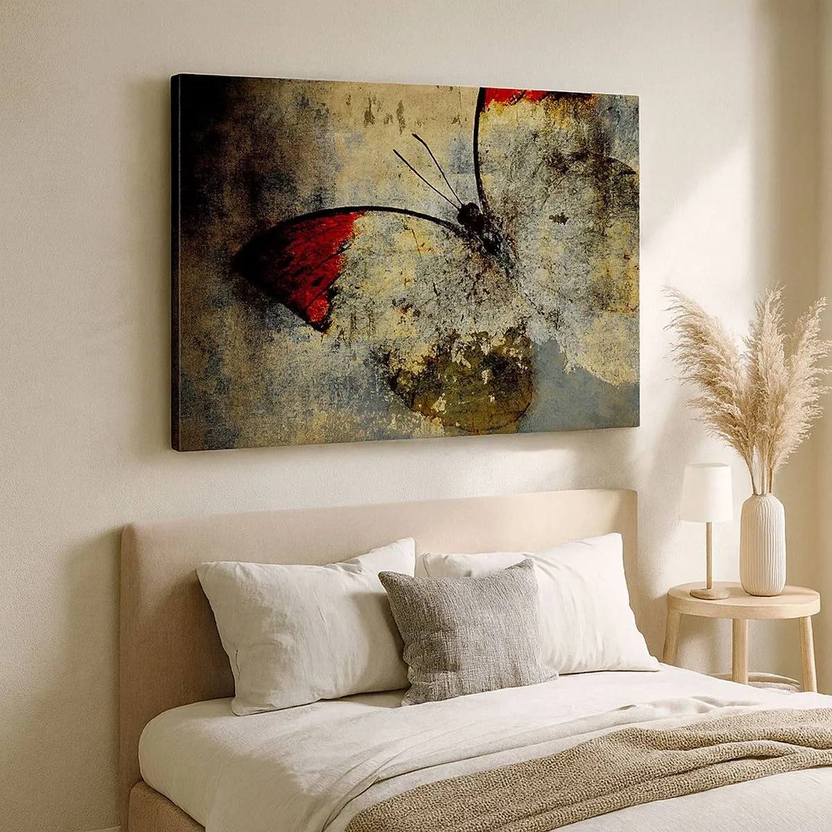 Tablou pe pânză Canvas - Un fluture în nuanțe de roșu și gri pe un fundal texturat - 70x50cm - Privește înainte să dispar - Decorațiune modernă pentru perete pentru living și dormitor ARTTOR