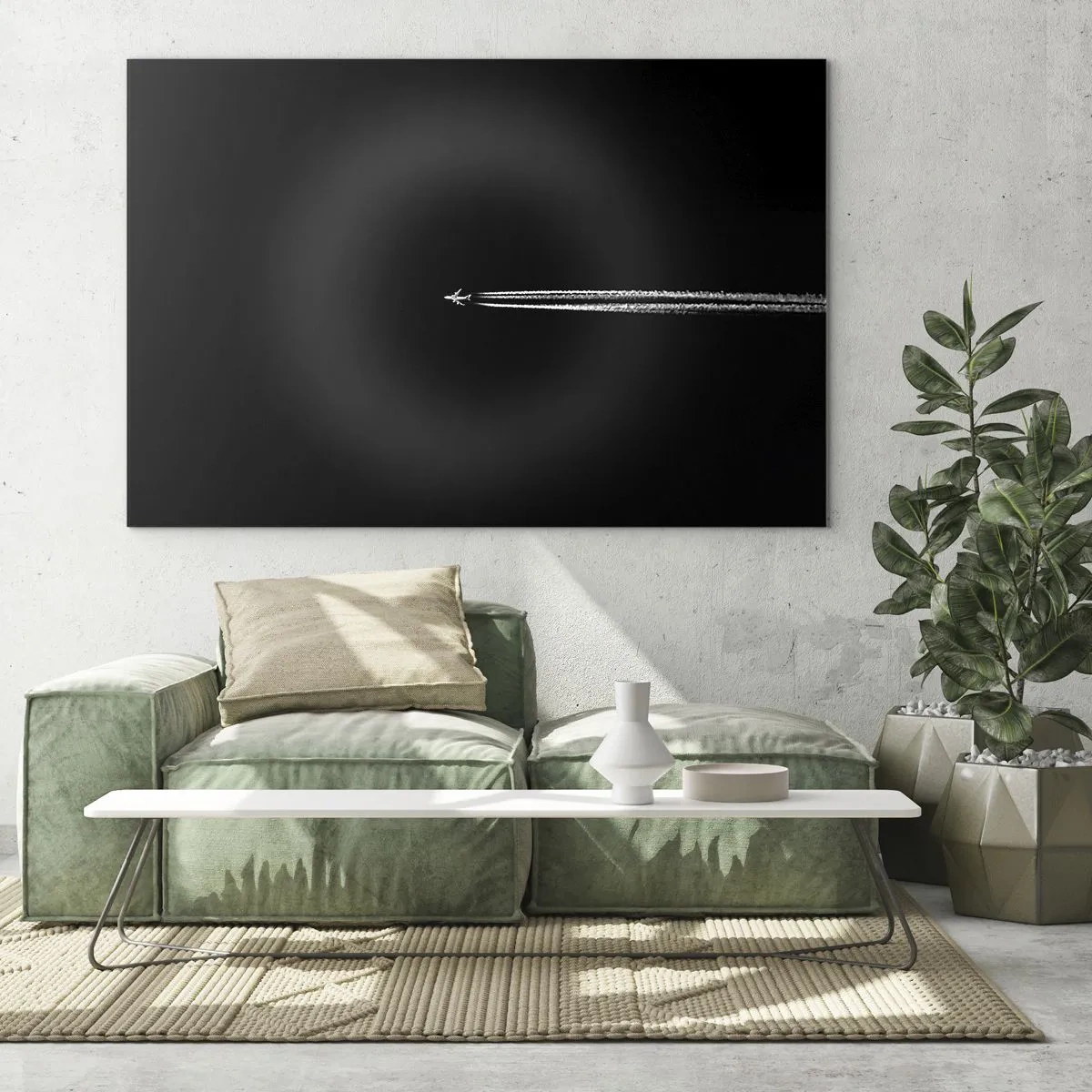 Tablou pe sticlă - Un avion cu reacție pe un fundal negru cu o dâră de condensare - 70x50cm - Într-o altă dimensiune - Decorațiune modernă pentru perete pentru living și dormitor ARTTOR