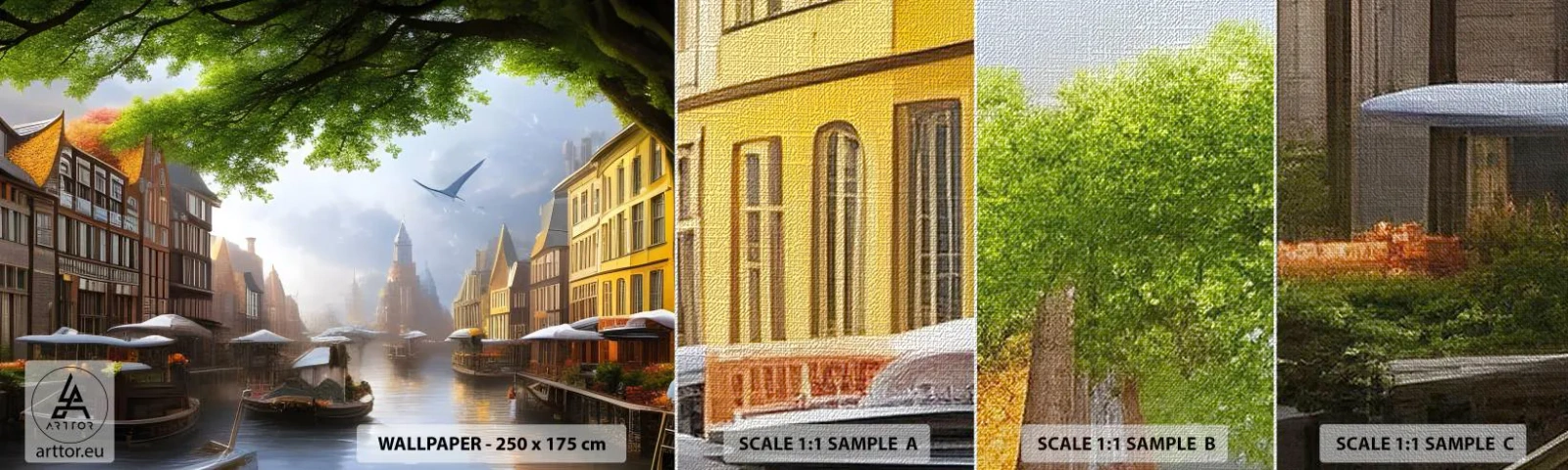 Mostră tapet Premium Canvas - Peisaj urban olandez - Oras vechi, Bărci, Canal - 100x30 cm