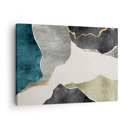 Tablou pe pânză Canvas - Forme geometrice în nuanțe de gri, verde și auriu - 70x50cm - Compoziție mozaic cu fir de aur - Decorațiune modernă pentru perete pentru living și dormitor ARTTOR