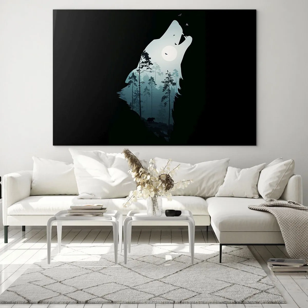 Tablou pe sticlă - Silueta unui lup cu o pădure și lună în fundal pe un fundal negru - 70x50cm - O voce în pădure de noapte - Decorațiune modernă pentru perete pentru living și dormitor ARTTOR