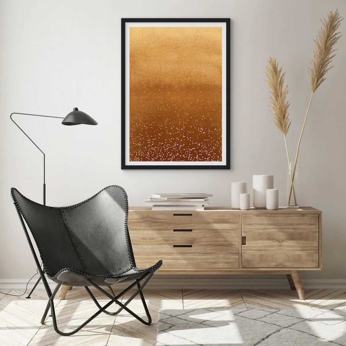 Poster în ramă neagră - Gradient auriu cu elemente strălucitoare minuscule - 50x70cm - Nașterea luminii - Decorațiune modernă pentru perete pentru living și dormitor ARTTOR