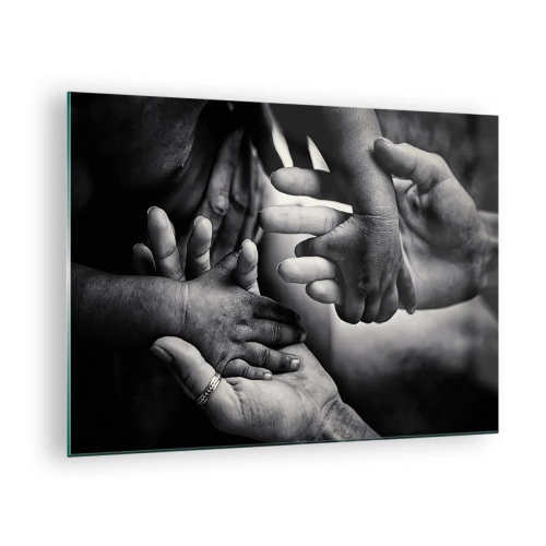 Tablou pe sticlă - Strângere de mână simbolică alb-negru a diferitelor generații - 70x50cm - A fi om - Decorațiune modernă pentru perete pentru living și dormitor ARTTOR