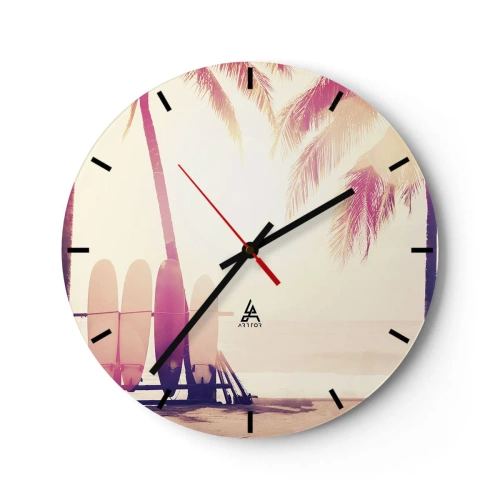 Ceas de perete - Ceas pe sticlă - Placi de surf și palmieri pe plajă în zori - 30x30cm - Va fi o zi minunată - Decorațiune modernă pentru perete pentru living, bucătărie și dormitor ARTTOR
